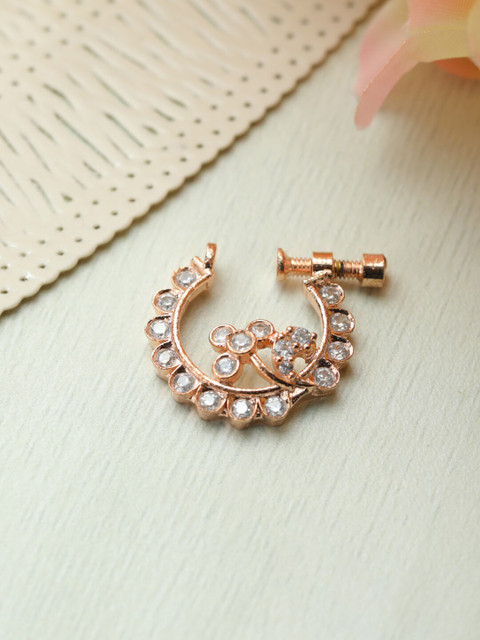 Priyaasi Floral Rose Gold-Plated White CZ Studded Nose Ring