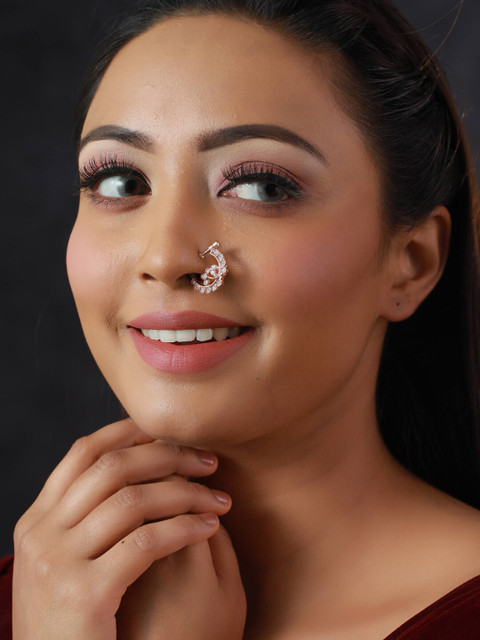 Priyaasi Floral Rose Gold-Plated White CZ Studded Nose Ring - Image 5