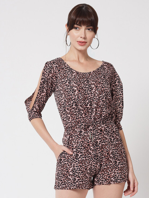 PURYS Peach-Coloured & Black Printed Jumpsuit