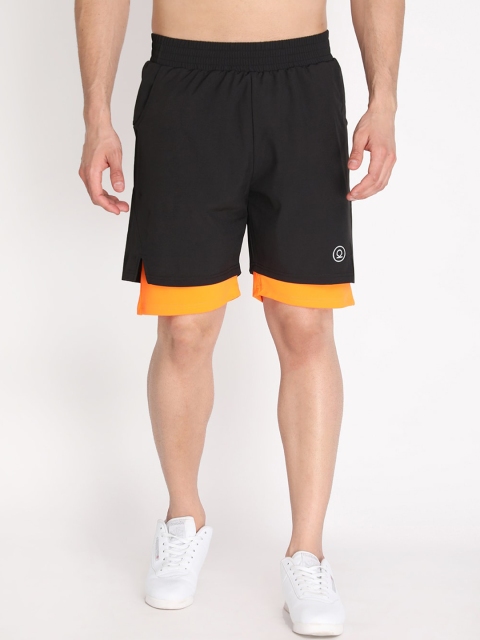 CHKOKKO Men Black Solid Mid Rise Double Layered Regular Fit Running Sports Shorts