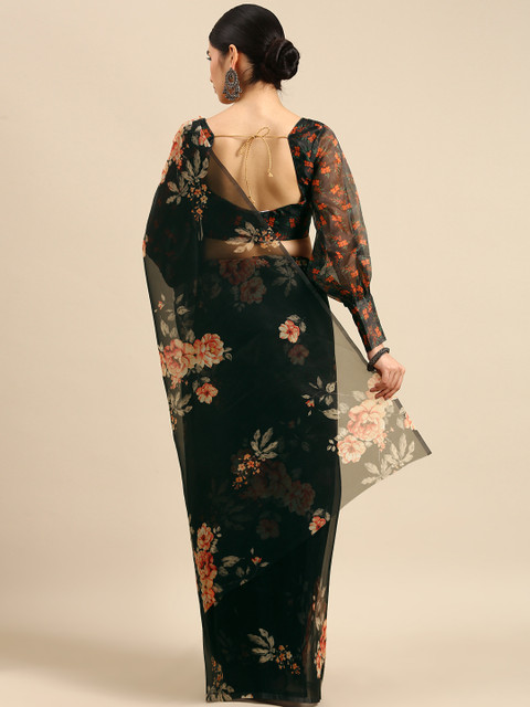 Anouk Black & Pink Floral Organza Saree - Image 3