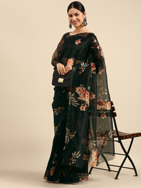 Anouk Black & Pink Floral Organza Saree