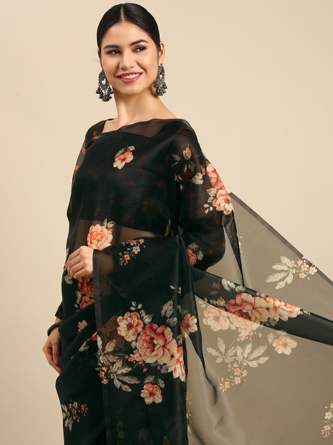 Anouk Black & Pink Floral Organza Saree - Image 2