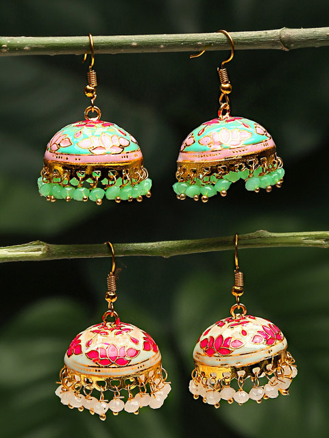 Yellow Chimes Set of 2 Pair Gold-Plated Meenakari Jhumkas Earring