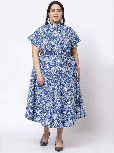 KLOTTHE Plus Size Blue Floral Shirt Midi Dress