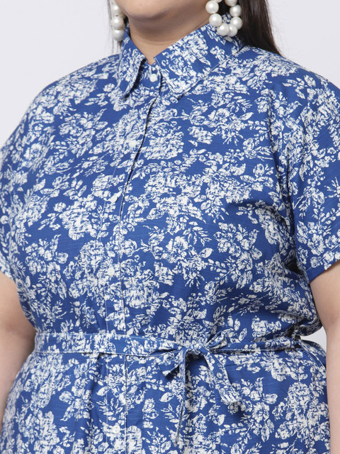 KLOTTHE Plus Size Blue Floral Shirt Midi Dress - Image 2