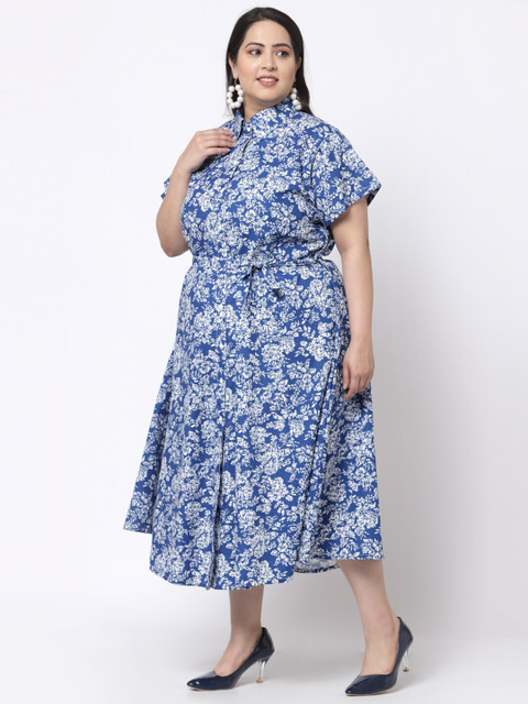 KLOTTHE Plus Size Blue Floral Shirt Midi Dress - Image 3