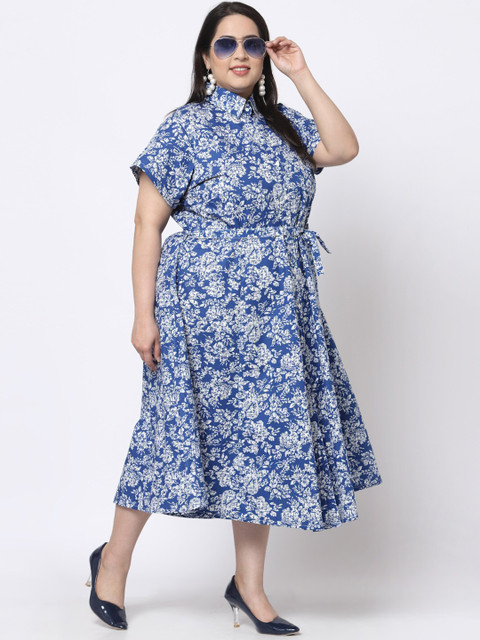 KLOTTHE Plus Size Blue Floral Shirt Midi Dress - Image 5