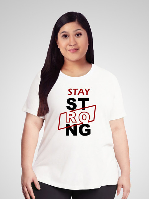 Pootlu Women Plus Size White & Black Typography Printed Pure Cotton T-shirt