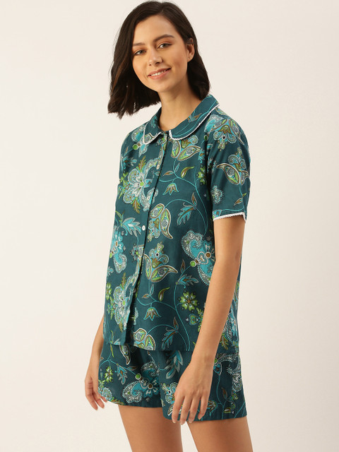 SANSKRUTIHOMES Women Green Pure Cotton Printed Shorts Set - Image 4