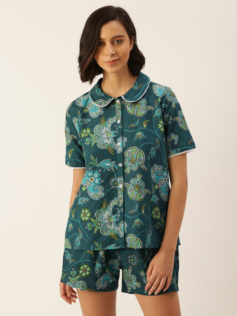 SANSKRUTIHOMES Women Green Pure Cotton Printed Shorts Set