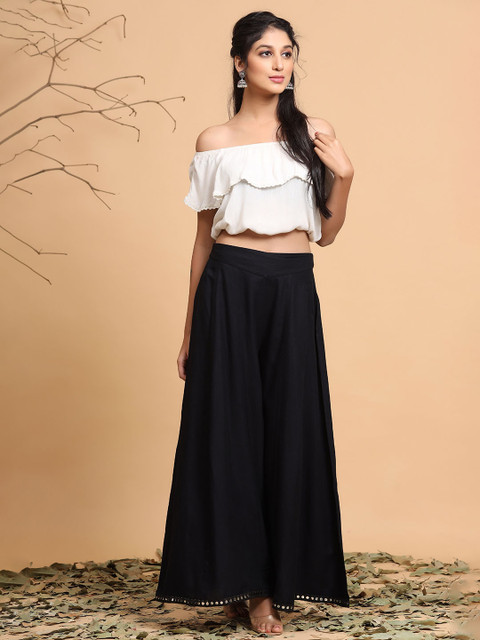 Juniper Women Black Solid Mirror Work Flared Ethnic Palazzos - Image 4