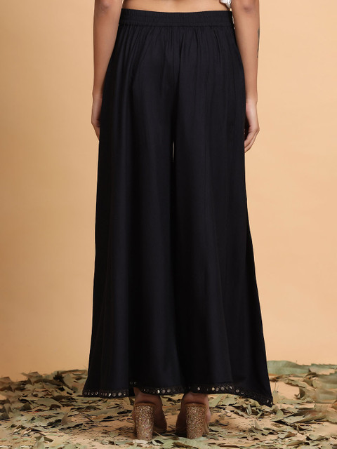 Juniper Women Black Solid Mirror Work Flared Ethnic Palazzos - Image 2
