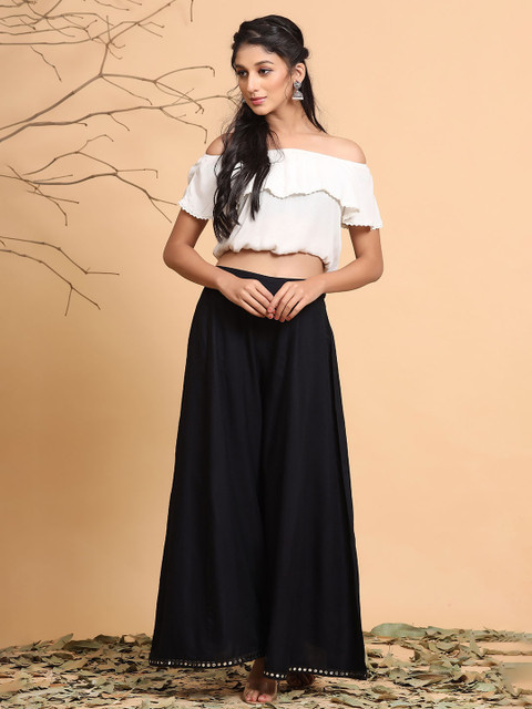 Juniper Women Black Solid Mirror Work Flared Ethnic Palazzos - Image 5