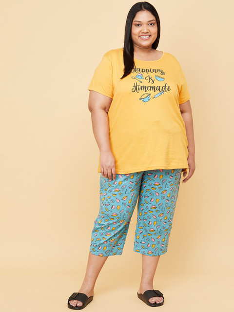 max Plus Size Women Mustard & Blue Printed Cotton Night suit