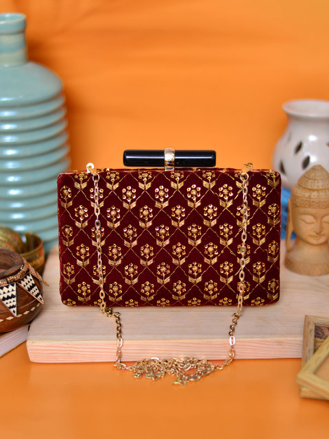 ARTKLIM Women Maroon & Gold Embroidered Box Clutch