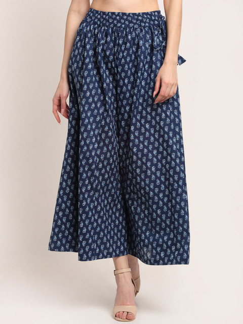 TAG 7 Women Navy Blue Ethnic Motifs Printed Flared Cotton Ethnic Palazzos