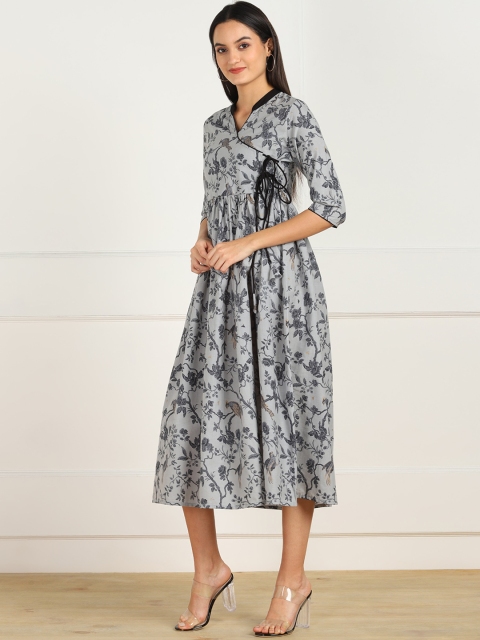 ZNX Clothing Grey Floral Ethnic Cotton A-Line Midi Dress - Image 3