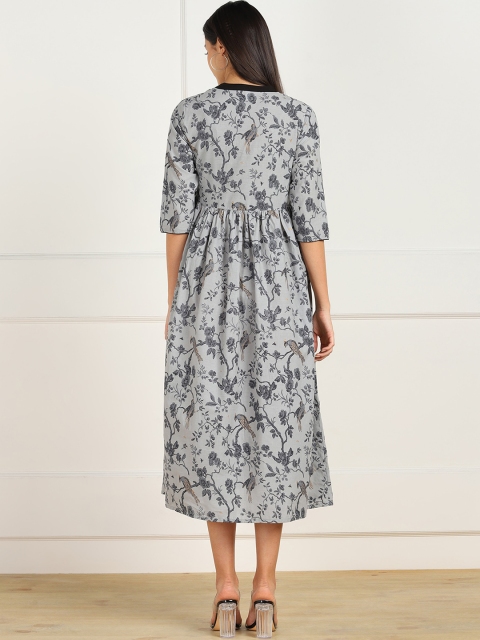 ZNX Clothing Grey Floral Ethnic Cotton A-Line Midi Dress - Image 4