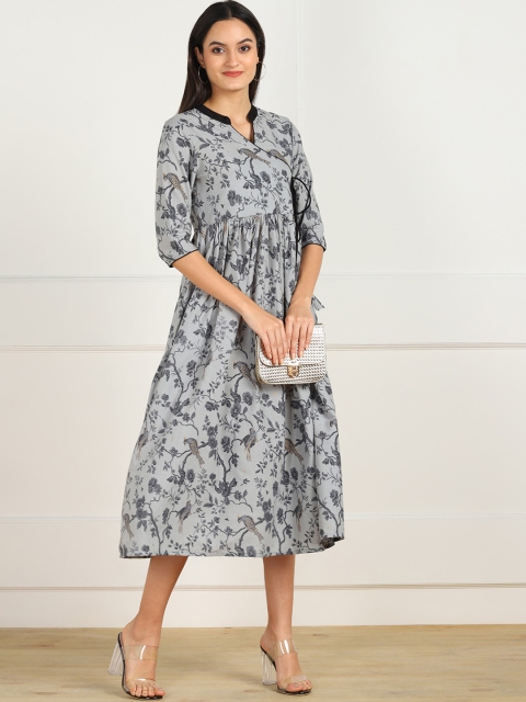 ZNX Clothing Grey Floral Ethnic Cotton A-Line Midi Dress - Image 5