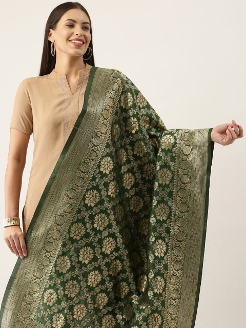 Silk Land Green & Gold-Toned Ethnic Motifs Woven Design Pure Banarasi Silk Dupatta