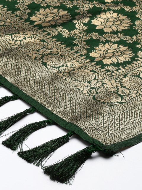 Silk Land Green & Gold-Toned Ethnic Motifs Woven Design Pure Banarasi Silk Dupatta - Image 3