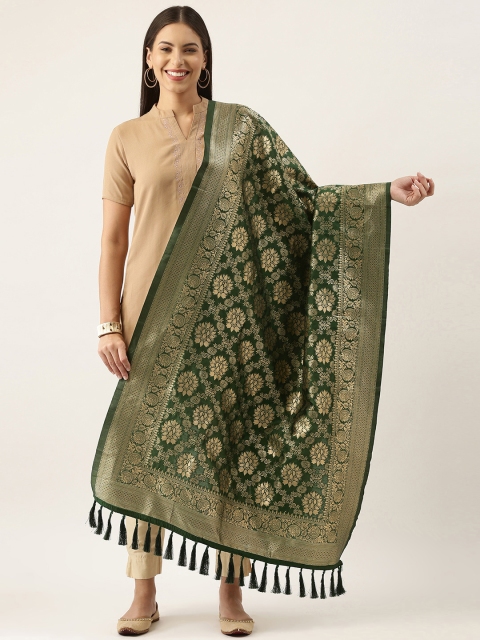 Silk Land Green & Gold-Toned Ethnic Motifs Woven Design Pure Banarasi Silk Dupatta - Image 2
