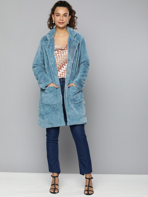 HERE&NOW Women Blue Fleece Longline Open Front Jacket