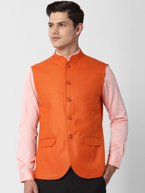 Peter England Elite Men Orange Woven Design Nehru Jacket