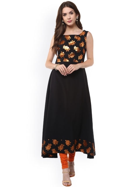 Women's Black Anarkali Casual Crepe Kurti (JNE1407-BLACK-KR-UDF18-S)