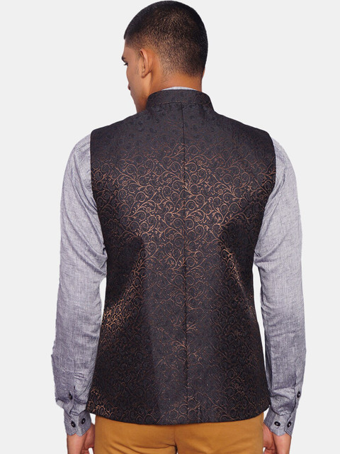Wintage Men Black & Rose Gold-Coloured Printed Woven Nehru Jacket - Image 4