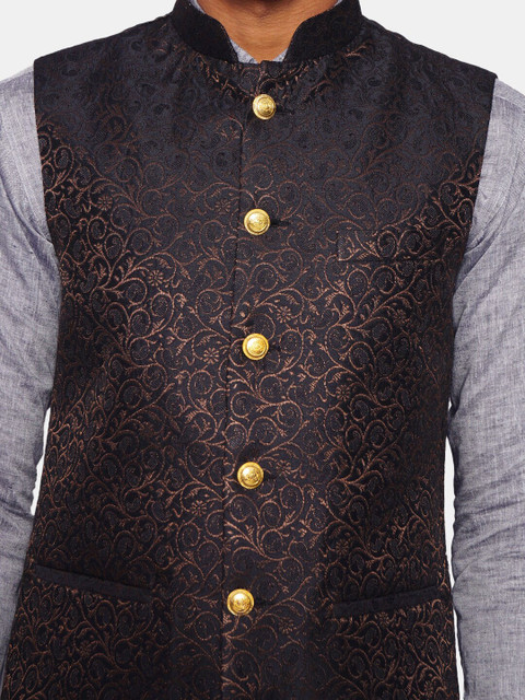 Wintage Men Black & Rose Gold-Coloured Printed Woven Nehru Jacket - Image 2