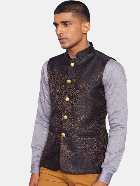 Wintage Men Black & Rose Gold-Coloured Printed Woven Nehru Jacket - Image 3