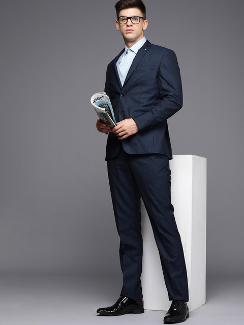 Louis Philippe Men Navy Blue Self Design Slim Fit Single Breasted Formal Three-Piece Suit