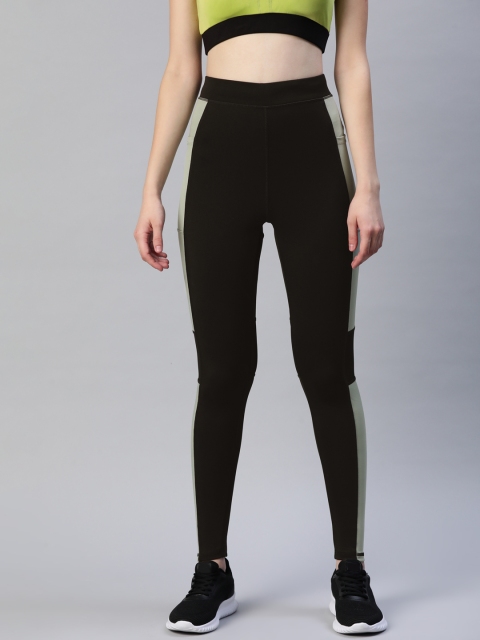 Blinkin Women Black & Olive Green Rapid Dry Tights With Breathable Mesh & Side Panels - Image 2
