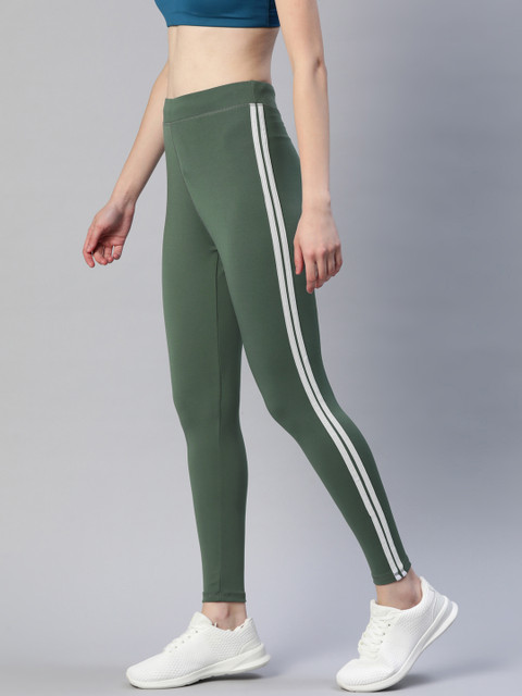 Blinkin Women Olive Green Rapid Dry Tights With Side Stripes