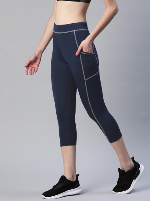 Blinkin Women Navy Blue Solid Three Fourth Tights