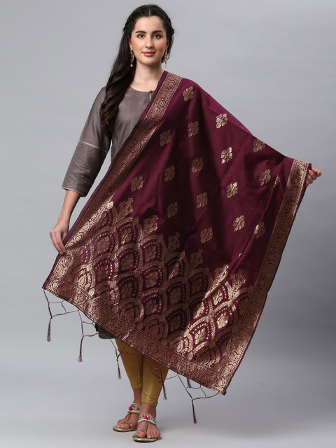 Lilots Violet & Gold-Toned Ethnic Motifs Woven Design Dupatta with Zari