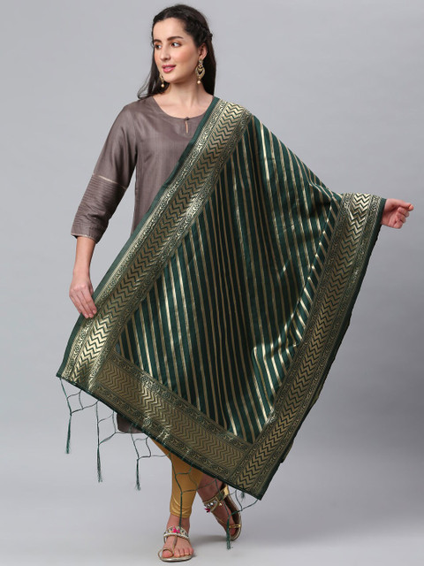 Lilots Green & Gold-Toned Banarasi Silk Jacquard Woven Dupatta