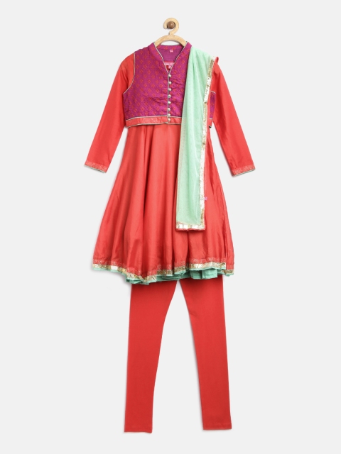 Biba Girls Red Anarkali Churidar Kurta with Dupatta & Ethnic Jacket