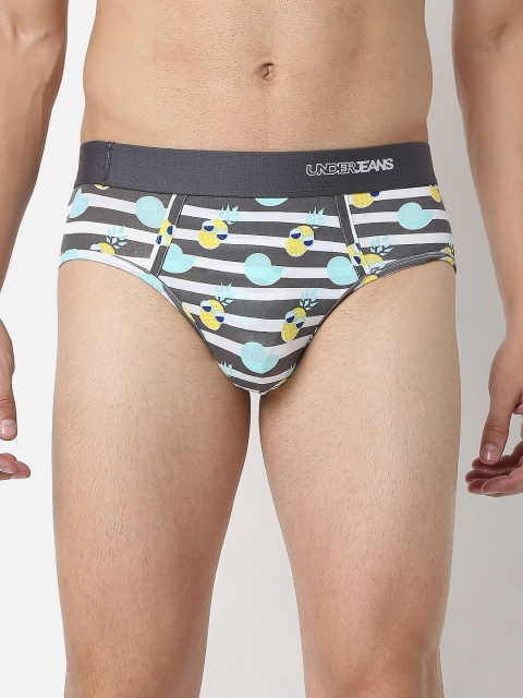 UnderJeans by Spykar Men Grey & White Printed Cotton Blend Briefs UJNPBS047WHITEDKGREY