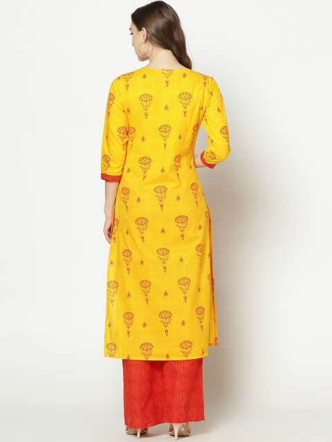 ZNX Clothing Women Yellow Floral Printed Pure Cotton Kurta with Palazzos - Image 5