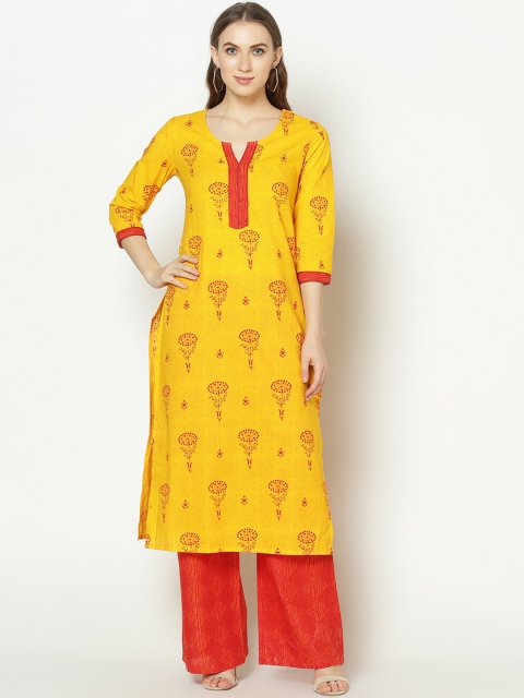ZNX Clothing Women Yellow Floral Printed Pure Cotton Kurta with Palazzos - Image 6