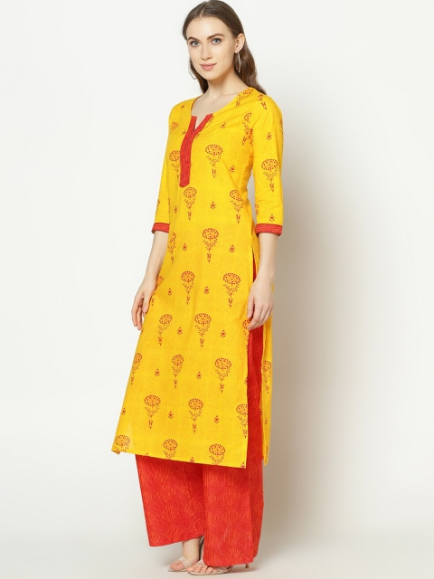 ZNX Clothing Women Yellow Floral Printed Pure Cotton Kurta with Palazzos - Image 4