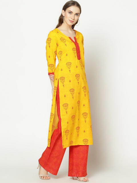 ZNX Clothing Women Yellow Floral Printed Pure Cotton Kurta with Palazzos - Image 3