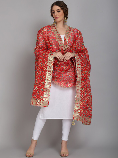 SOUNDARYA Red & Green Printed Pure Cotton Dupatta With Gotta Patti
