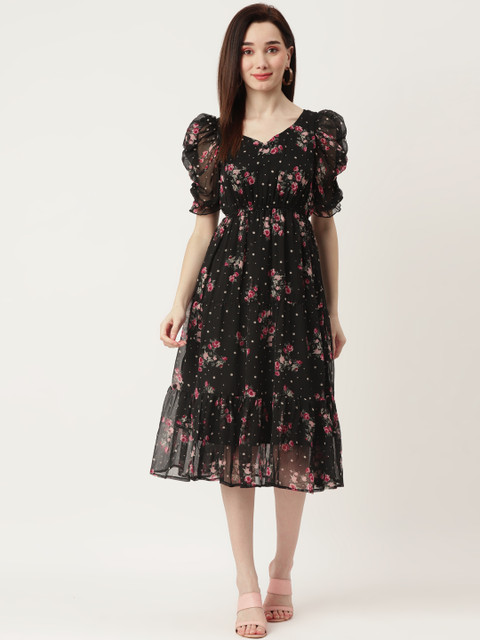 WISSTLER Black & Pink Floral Puff Sleeves Georgette Midi Dress