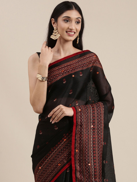 Mitera Black Ethnic Design Mirror Work Jute Silk Saree