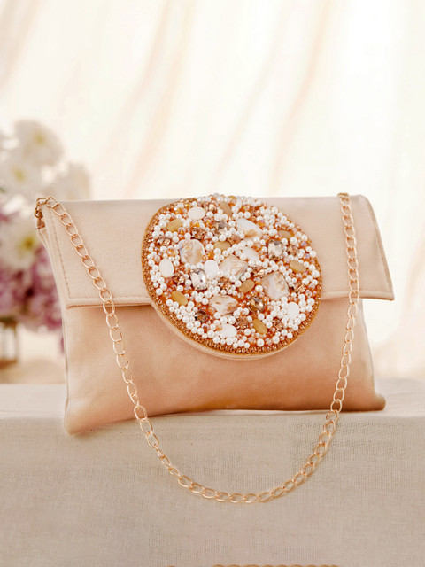 Rubans Beige Velvet Hand-Embroidered Round Motif Pearls Stones Beadwork Clutch