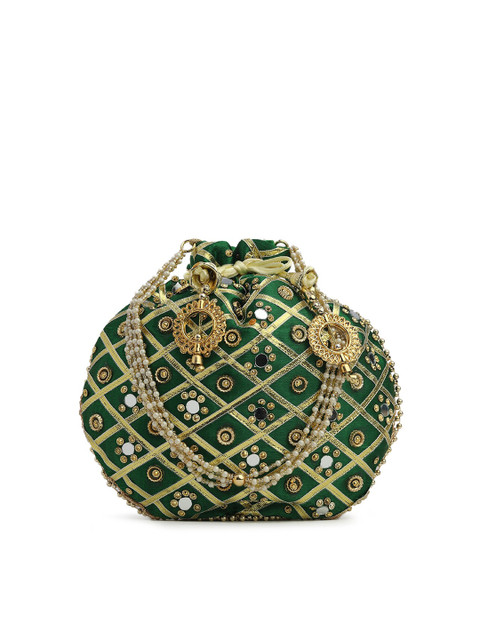 gaura pakhi Green & Gold-Toned Embroidered Potli Clutch